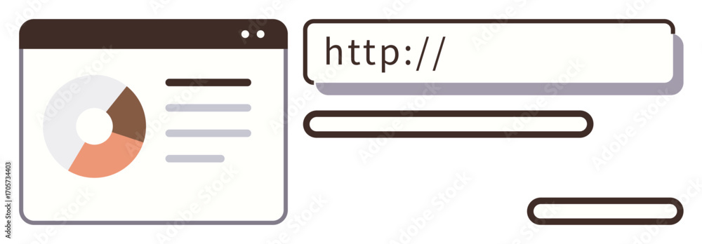 Poster web browser window with analytics pie chart and text lines, accompanied by a search bar. ideal for w