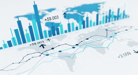A financial chart displays upward trends and market data overlaid on a world map