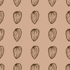 Vector line art seamless pattern of pistachio nuts. Hand painted nuts on pastel beige background. Tasty food illustration for design, print, fabric or background.