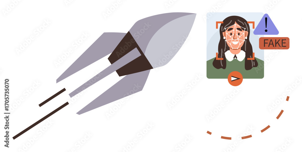 Poster rocket launching alongside facial recognition detecting and labeling a fake image with a warning ico
