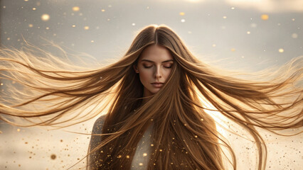 Woman with long, flowing hair stands gracefully, her hair blowing in slow motion, surrounded by dreamy atmosphere filled with soft light and shimmering particles