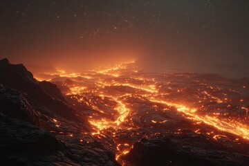 Vast volcanic landscape with glowing lava rivers under a starry night sky.