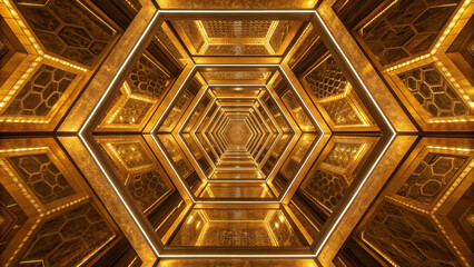 Mirrored maze of golden hexagons creates immersive and captivating visual experience, drawing viewers into mesmerizing geometric pattern that reflects light beautifully