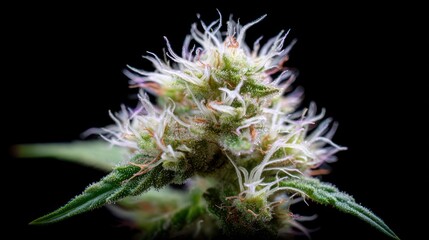 Close-up of a blooming flower with textured green leaves and white pistils against a solid black background, showcasing its delicate features