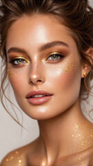 Stunning beauty shot featuring model with glowing skin, golden accents, and captivating green eyes. editorial style highlights shimmering makeup and radiant expression