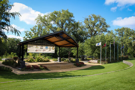 Anoka, MN, USA - Sept 10, 2025: A stage in Riverfront Memorial Park. The park provides scenic views, a walking trail, boat slips, canoe access, a Walk of Honor, and more. Editorial Use Only.