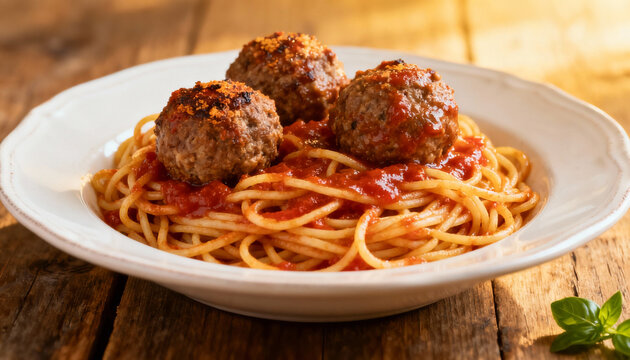 Spaghetti and Meatballs in Tomato Sauce on Wooden Table