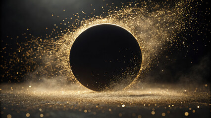 Central black area framed by gently floating gold particles creates mesmerizing visual effect, evoking sense of wonder and elegance. shimmering gold dust enhances overall beauty