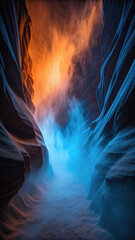 Cinematic fog rolling through canyon, illuminated by vibrant orange and blue hues, creates dramatic and ethereal atmosphere. interplay of light and shadow enhances natural beauty of rock
