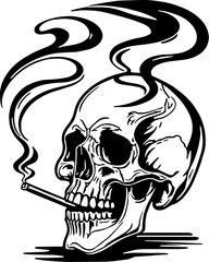 vector illustration of Smoking Skull Silhouette with Cigarette and Smoke, isolated on white