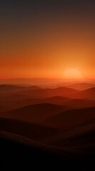 Mountain layers silhouette at sunset with orange golden sky, misty atmospheric landscape with rolling hills, dramatic twilight scenery, warm gradient horizon, serene nature vista, foggy mountain range