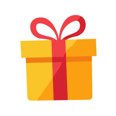 Yellow gift box with red ribbon and bow, simple present package for celebration, birthday, Christmas. Vector illustration icon