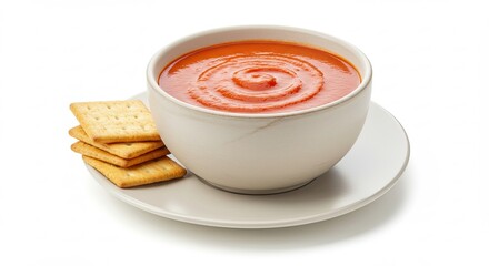Bowl of Red Soup with Crackers on White Background