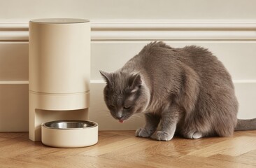 A grey cat drinks water from a stainless steel bowl attached to a beige automatic pet feeder on a wooden floor, against a neutral wall
