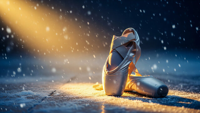 A pair of ballet pointe shoes stands alone in the snow, illuminated by a beam of light