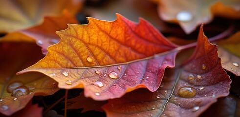 Autumn leaf with water droplets after rain