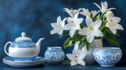Elegant white lilies and porcelain tea set on a dark blue background