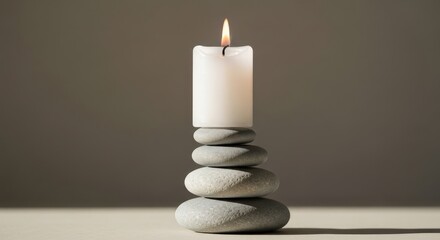 Tranquil Candle Surrounded by Smooth Stones Creating a Serene and Calming Ambiance