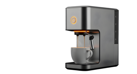 Modern coffee maker isolated on transparent background, dispensing a rich, dark brew into a waiting cup, showcasing sleek design and the promise of a perfect morning