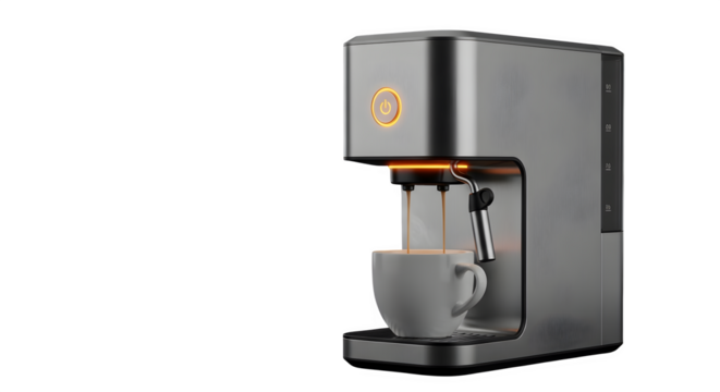 Modern coffee maker isolated on transparent background, dispensing a rich, dark brew into a waiting cup, showcasing sleek design and the promise of a perfect morning