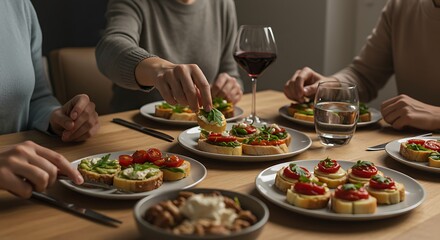 A gathering of friends enjoying a delightful spread of Italian appetizers, including various bruschetta and red wine at a dinner party