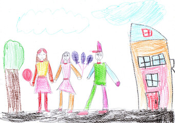 Child drawing of a happy family on a walk outdoors