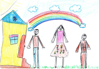 Child drawing of a happy family on a walk outdoors