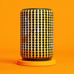 Vibrant Cylindrical Speaker with Black Dots and Yellow Mesh Pattern on Orange Pedestal Background