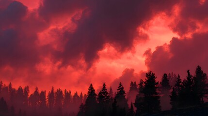 Fiery sunset over forest landscape scenic view dramatic sky red clouds nature photography background