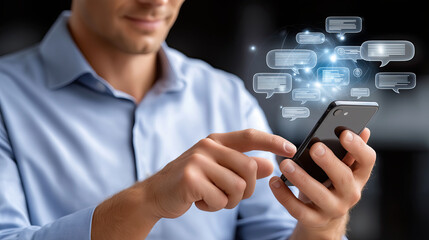 Man using smartphone with digital messaging icons floating around, showcasing modern communication technology and connectivity