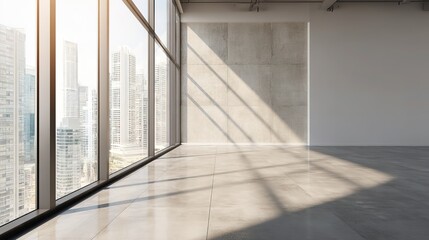 Obraz premium Minimalist commercial interior empty scene, large window with natural light, neutral modern design for advertising use