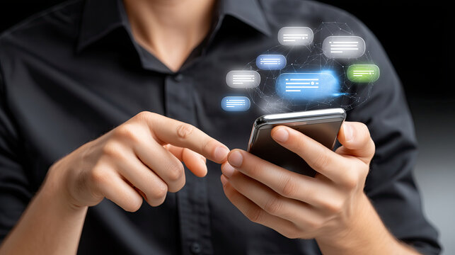 Person using smartphone with digital message notifications appearing above device, showcasing modern communication technology and connectivity