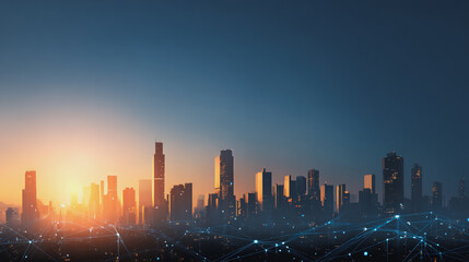 Fototapeta premium Sunshine in the Smart digital Innovation city with connection network reciprocity over the cityscape. of future smart wireless digital city and social media networking systems that connects