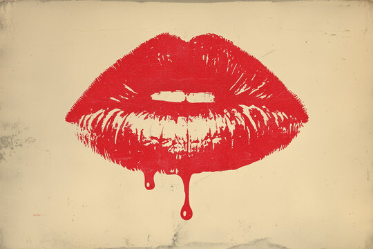 Minimalist Bloody Red Lips Illustration on Beige Background &mdash; Open Mouth with Dripping Blood