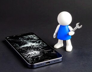 修理用レンチを持った人形とスマホ