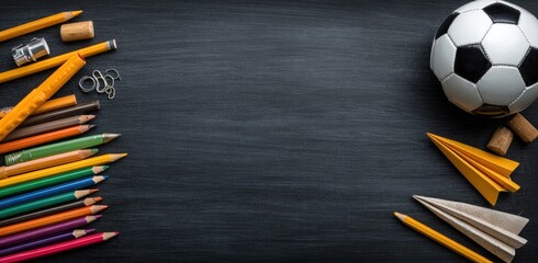 Overhead shot of school supplies, including pencils, paper airplanes, a soccer ball, and a ruler, on a textured slate surface