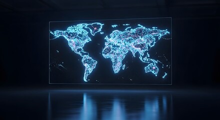 A glowing blue digital world map displayed on a futuristic screen in a dark, reflective room.