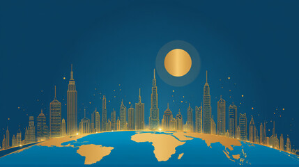 Fototapeta premium Sunshine in the Smart digital Innovation city with connection network reciprocity over the cityscape. of future smart wireless digital city and social media networking systems that connects