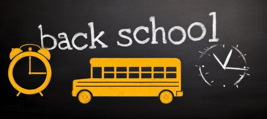 A chalkboard displays "back school" with sketched icons of a clock, yellow school bus, and another clock, illustrating school time