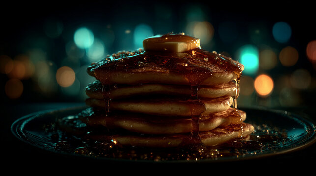 Stack of pancakes with maple syrup dripping and butter melting