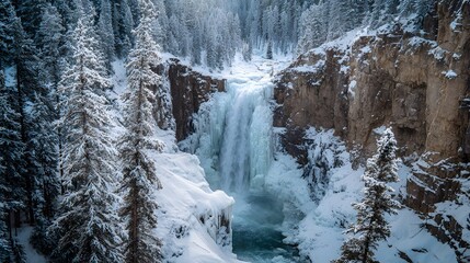 Beautiful winter waterfall landscape scene with snow covered trees and icy cliffs in the mountains