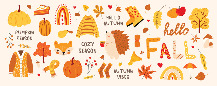 Autumn set with pumpkins, cozy sweater, scarf, socks, fox, hedgehog, mushrooms, leaves. Cute fall season illustrations isolated on white background.