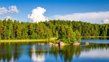Fototapeta premium Serene lake surrounded by pine forest