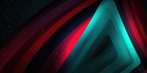 Abstract artwork featuring glowing teal triangles layered over dark red and black curved lines against a speckled background