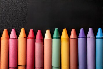 Colorful row of crayons, each a unique hue, neatly lined up against a textured dark background, creating a vibrant artful composition