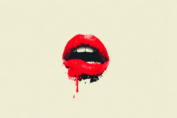 Minimalist Bloody Red Lips Illustration on Beige Background — Open Mouth with Dripping Blood
