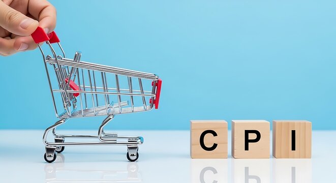 Consumer price index cpi concept represented by wooden blocks and a miniature shopping cart, symbolizing inflation and economic indicators - Powered by Adobe