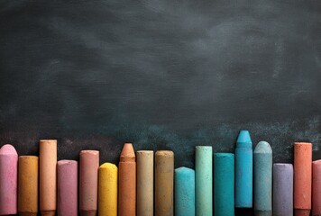 A colorful array of crayons arranged horizontally at the bottom against a dark textured backdrop, creating an artistic, educational feel