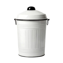 Classic white enamel trash can with black trim and lid retro kitchen storage container isolated on transparent background