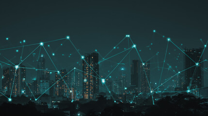 Sunshine in the Smart digital Innovation city with connection network reciprocity over the cityscape. of future smart wireless digital city and social media networking systems that connects
